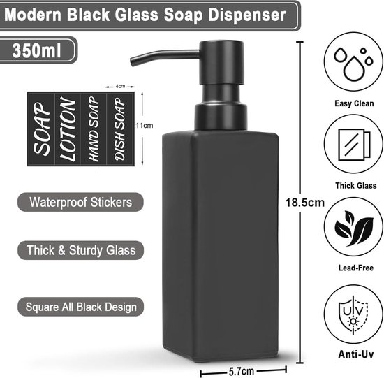 Plomkeest Set van 2 zeepdispensers van dik glas, transparant, 500 ml, met roestvrijstalen pomp, roestvrij, zwart, voor badkamer, keuken Plomkeest Set van 2 zeepdispensers van dik glas, transparant, 500 ml, met roestvrijstalen pomp, roestvrij, zwart, voor badkamer, keuken