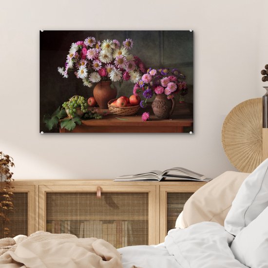 MuchoWow® Peinture sur verre 60x40 cm - Peinture sur verre acrylique - Fleurs - Fruits - Nature morte - Rose - Photo sur verre - Décoration murale salon - Décoration murale chambre - Peintures