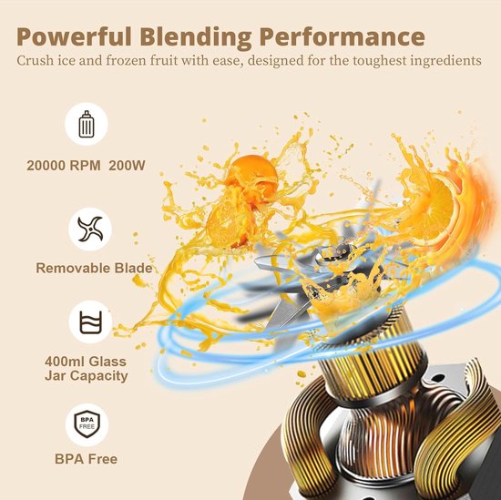 Draagbare Glazen Blender met Roestvrijstalen Behuizing - 400ml Mini Blender voor Smoothies, Sappen & Milkshakes — afbeelding 3
