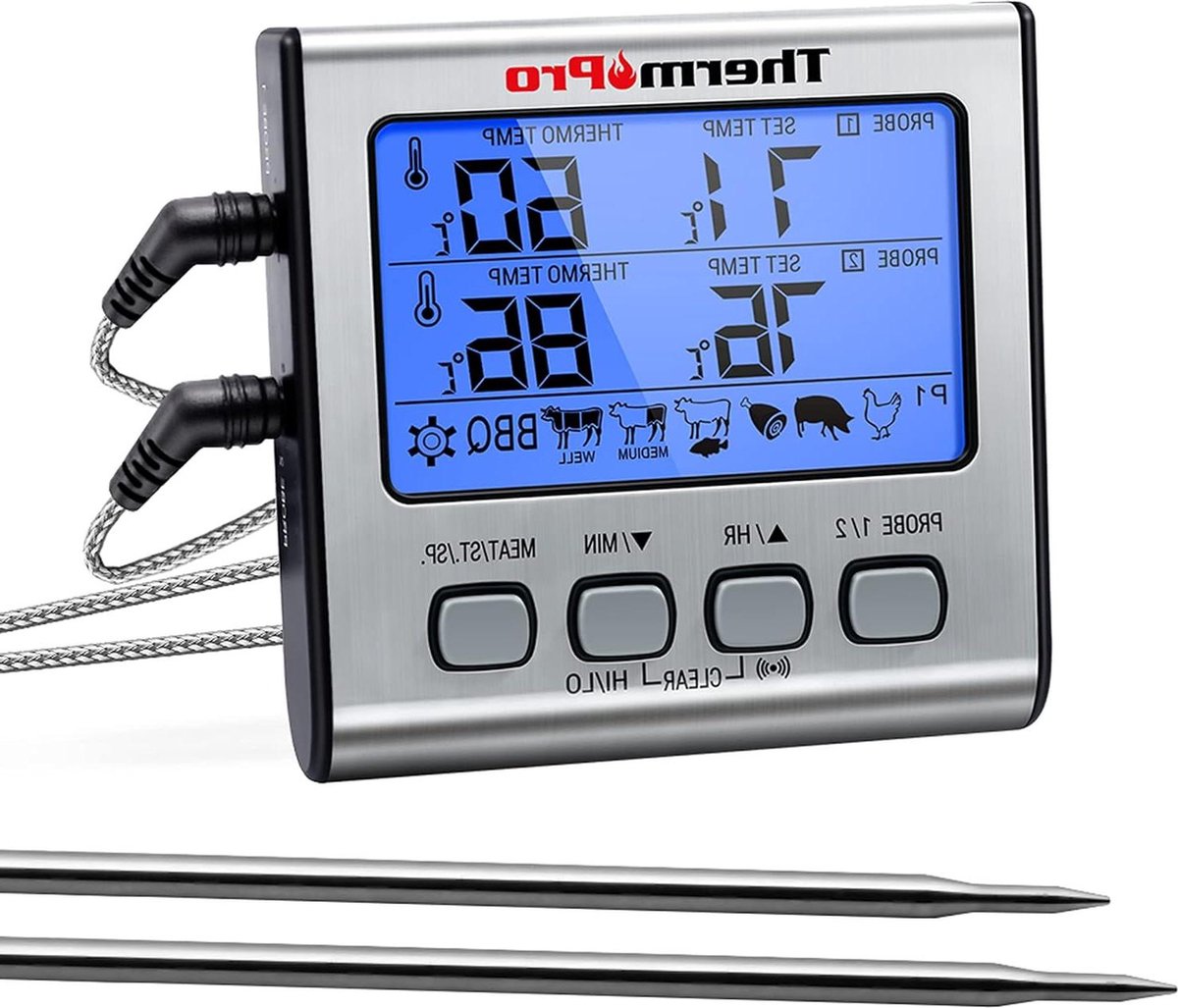 Vleesthermometer - Keukenthermometer Digitale grillthermometer braadthermometer vleesthermometer oventhermometer met timer twee roestvrijstalen sondes blauwe achterverlichting temperatuurbereik tot 300 °C met timer roestvrijstaal