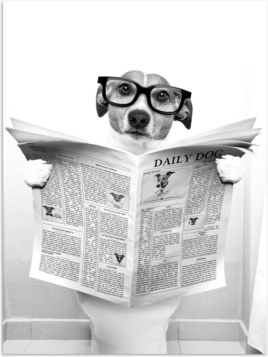 Poster 60x80 cm - Hond - Krant - Toilet - Zwart wit - Dieren - Posters - Wanddecoratie bad