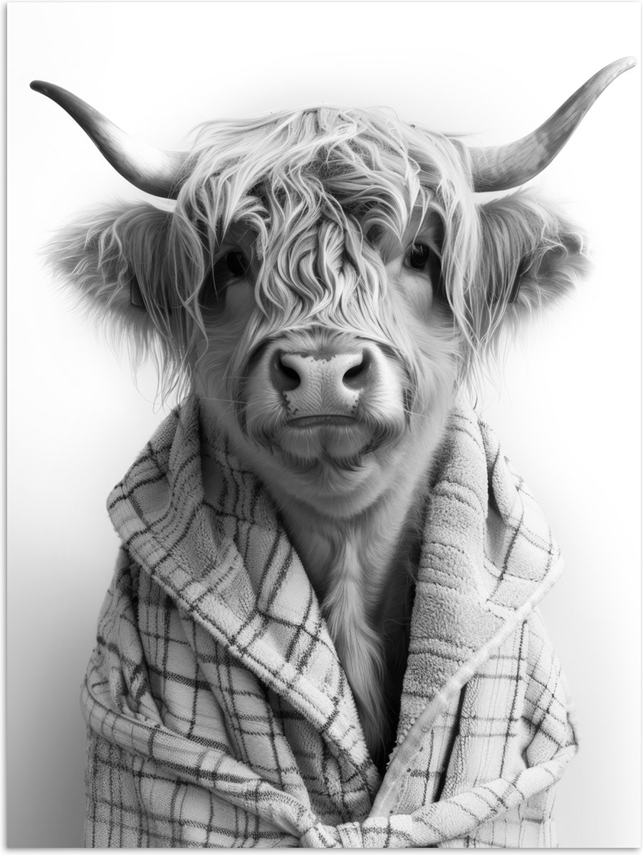 Poster 120x160 cm - Schotse Hooglander - Koe - Badjas - Zwart wit - Posters - Wanddecorati