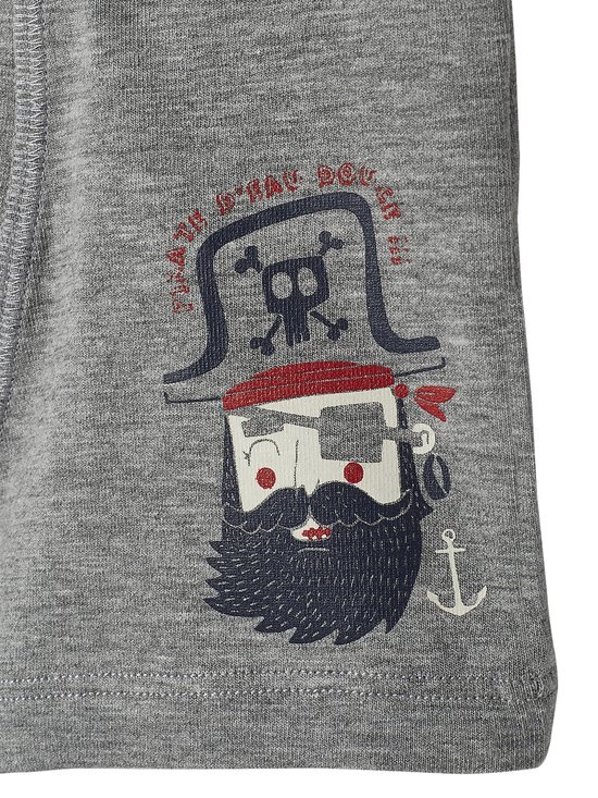 Grijze boxers met een cartoon piratenhoofd met baard, bril, hoed, anker en de tekst "PIRATE D'EAU DOUCE".