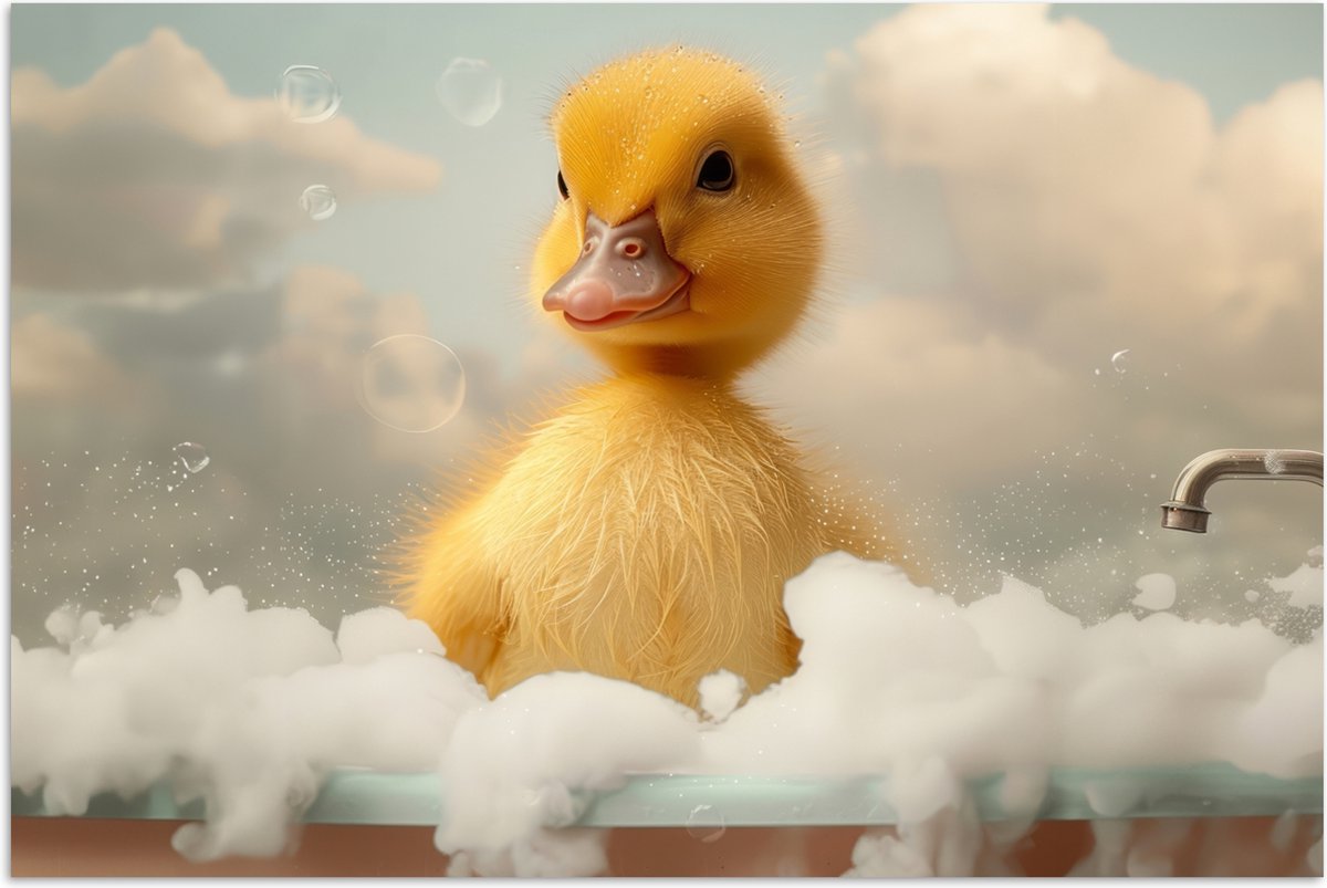 Poster 90x60 cm - Kuiken - Eend - Bad - Schuim - Dieren - Posters - Wanddecoratie badkamer