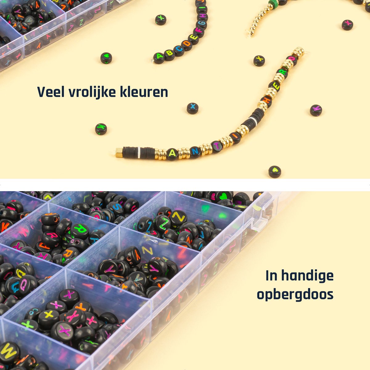 Letterkralen voor Sieraden maken - Alfabet kralen voor ketting/armband/telefoonkoord etc. - Acryl – Zwart met gekleurde letter - 7 mm - 1400 stuks gesorteerd — afbeelding 5