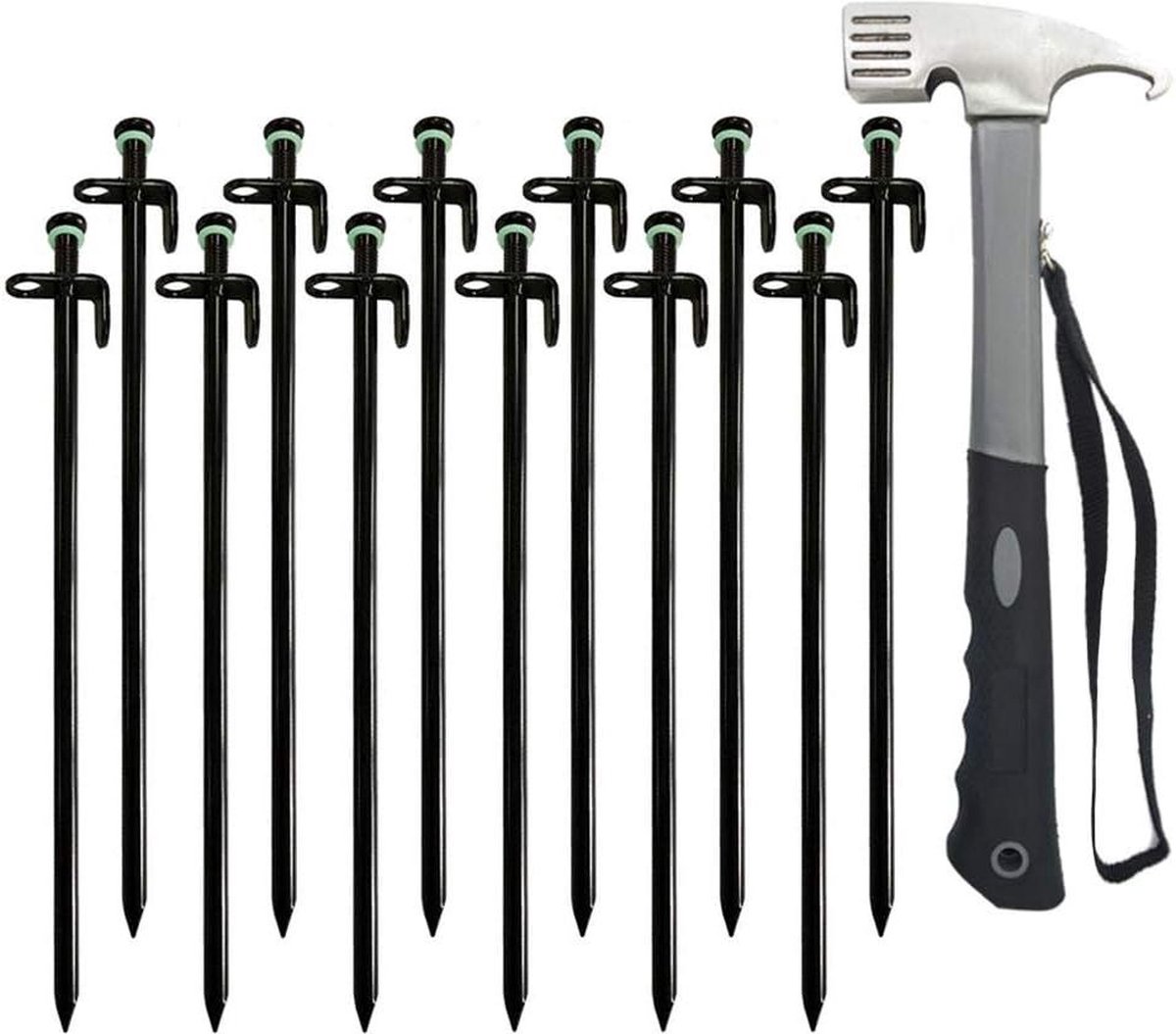 Heavy Duty Forged Steel Camping Tent Pegs 30cm - Unbreakable and Inflexible for Rocky Terrain, Desert, Snowfield, Grassland - Set of 12 Pegs + 1 Hammer