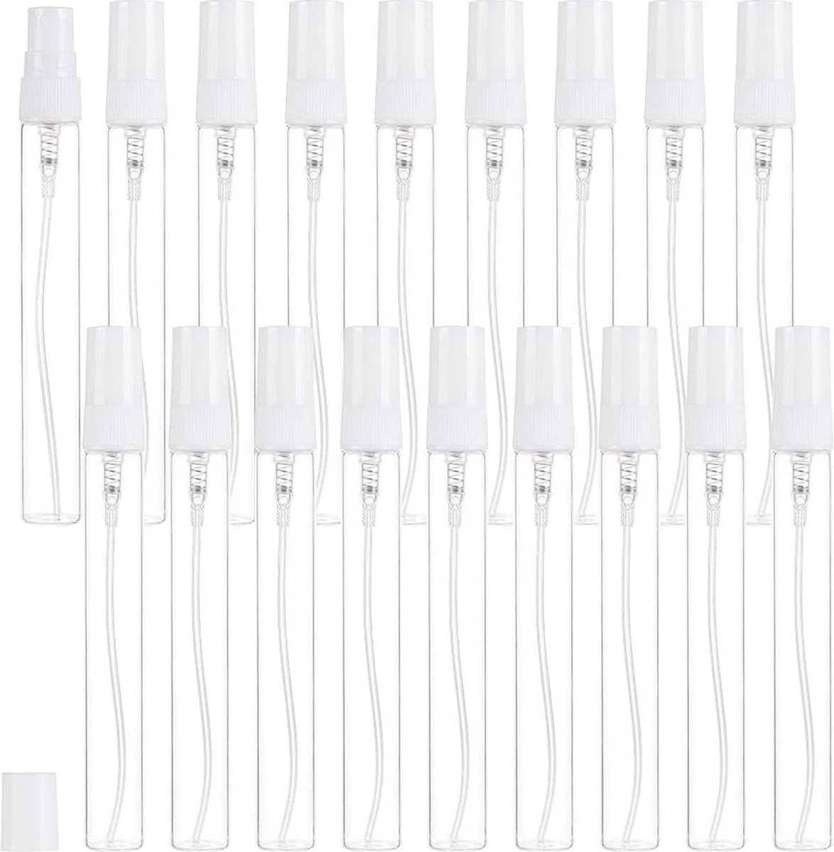 Kleine glazen parfumflesjes 10 ml - doorzichtige flesjes - plastic stofdoppen - 25 stuks