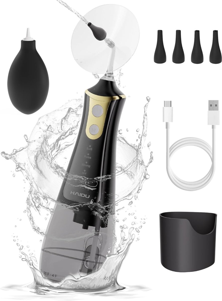 Goedkoopste HAIDU Oorreiniger Relief – Elektrische Oorspuit – Oorsmeer verwijderen – Aanpasbare Waterdruk – Oplaadbaar – 300ml Waterreservoir – Zwart