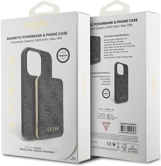 Guess - 4G - Ensemble de coques Métal Logo pour iPhone - 15 - Pro - + - 5000mAh - MagSafe - power bank - noir