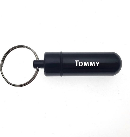 Porte-clés - Pilulier - Avec nom - Tommy - Médicaments - Étui d'identité - Zwart