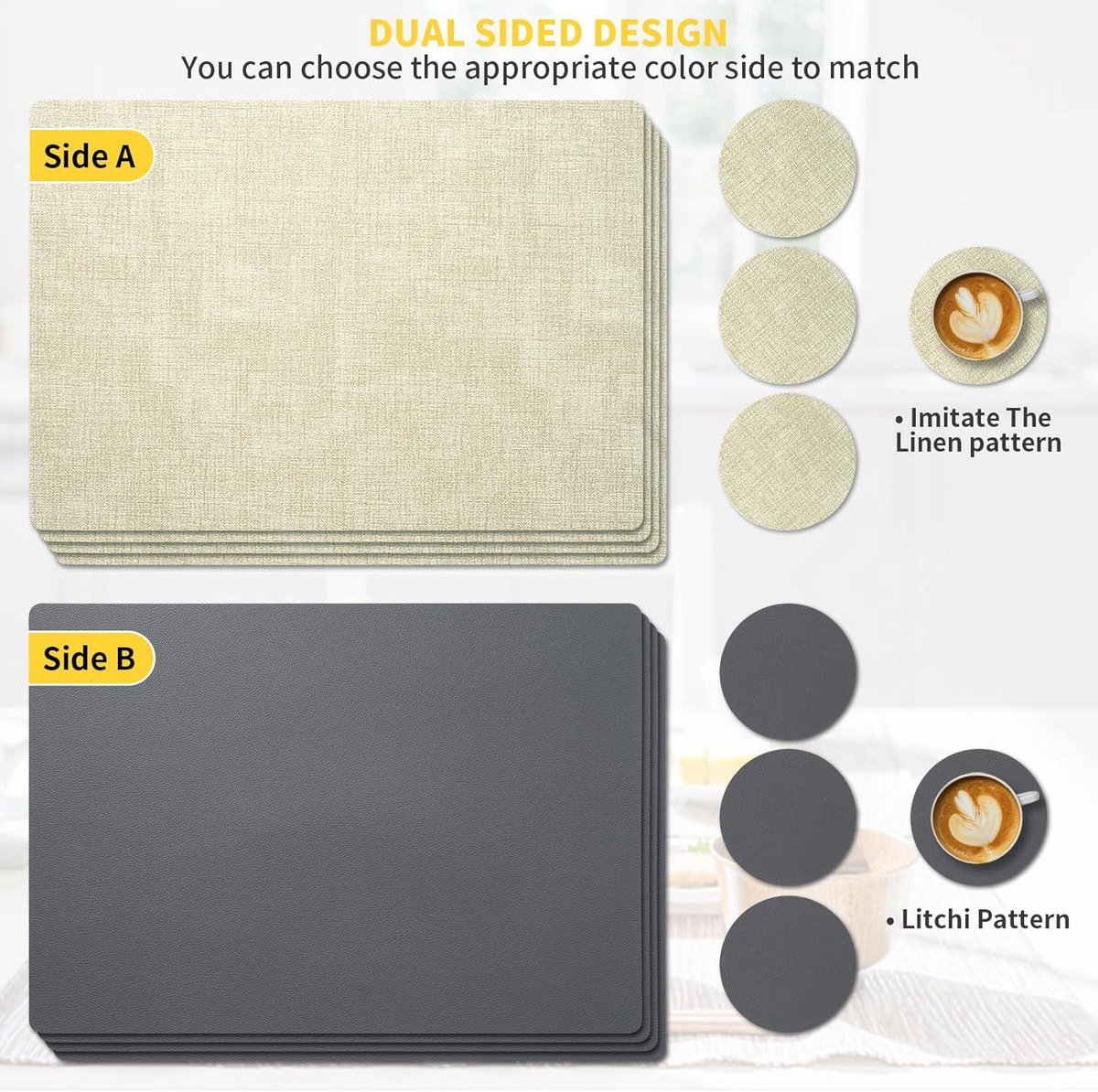 Famibay Placemats en onderzetters, set van 8 hittebestendige tafelmatten, leer, zwart, grijs, antislip, waterdicht, afveegbaar, dubbelzijdig, ronde placemat voor keuken, eettafel, decoratie