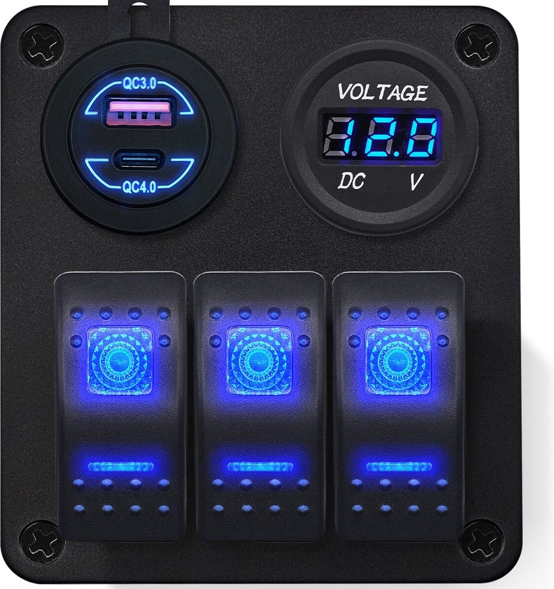 ProRide Schakelpaneel 12V voor Auto/Boot - USB Lader 3 Poorten met Voltmeter - QC3.0 - DS2085B - 3 Schakelaars