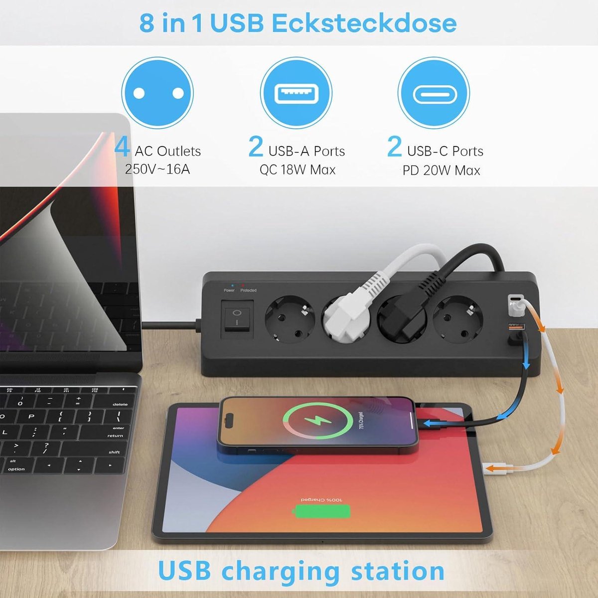 Stekkerdoos met USB, 8 in 1 stekkerstrip met plat stopcontact met schakelbaar, 4-voudige stekkerstrip met 2 USB-A & 2 USB-C, meervoudige stekkerdoos Power Cube met trekring, 5M kabel voor thuis