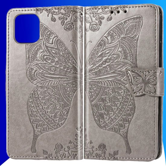 Coque adaptée pour iPhone 16 - Bookcase - Porte-cartes - Portefeuille - Motif papillon - Simili cuir - Grijs