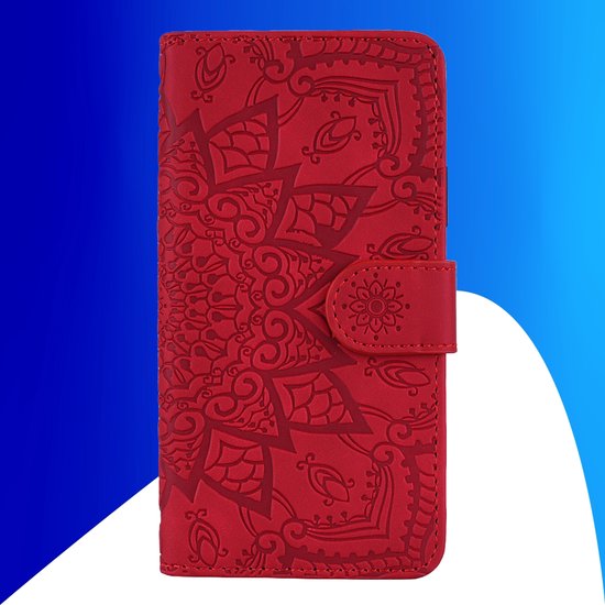 Coque adaptée pour iPhone 16 Plus - Bookcase - Porte-cartes - Portefeuille - Motif Mandala - Simili cuir - Rouge