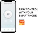 Smartphone met de Tuya app voor het bedienen van de "Smart Infrared Panel Heater", met huidige temperatuur van 22°C.