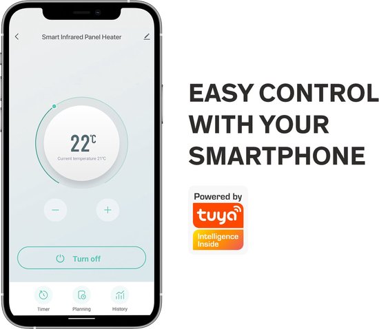 Smartphone met de Tuya app voor het bedienen van de "Smart Infrared Panel Heater", met huidige temperatuur van 22°C.