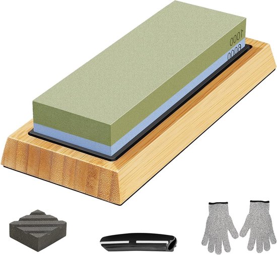 Sharpening stone knives – Grit size 1000/6000 – Whetstone set with non-slip silicone grip – Aligning stone – Black correction stone – Cut-resistant gloves – Cooking sharpening kit