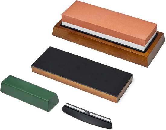 Knife sharpening stone kit Dual Grit Whetstone 240/800 Solid wood leather Strop – Wasabi knife sharpener with universal anti-slip base