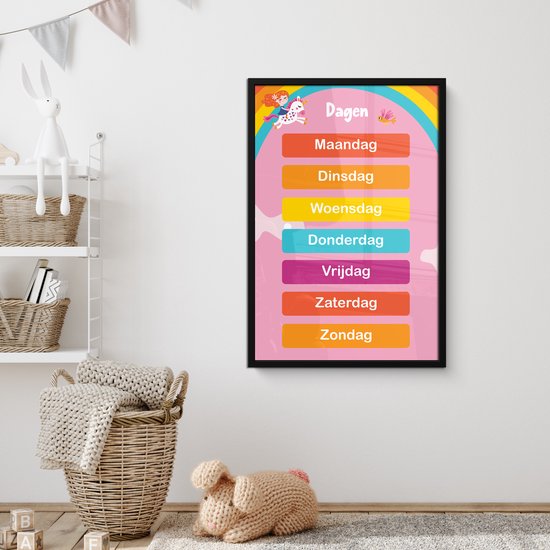 Poster in lijst - Fotolijst 60x90 cm - Posters - Dagen van de week - Educatief - Leren voor kinderen - Roze - Posterlijst zwart - Kamer decoratie - Wanddecoratie kinderkamer - Muurdecoratie babykamer