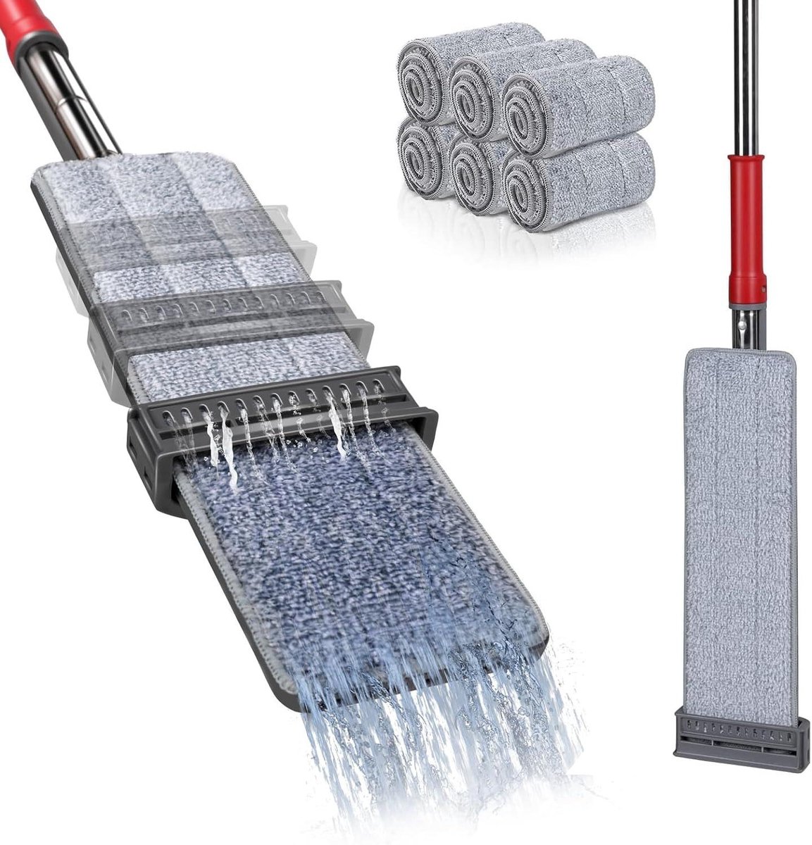 Goedkoopste Platte zelfwringende dweil - 6 herbruikbare microvezelpads - handsfree vloerdweilen - hardhout tegels laminaat marmer - grijs rood Mop