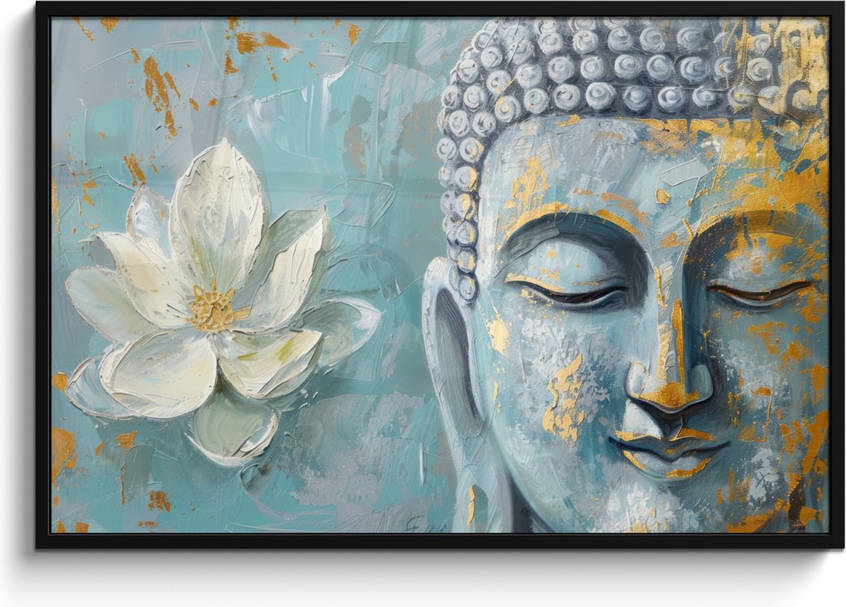 FrameYourWall Poster in lijst - Fotolijst 120x80 cm - Posters - Boeddha - Bloem - Lotus - Goud - Blauw - Posterlijst zwart - Decoratie - Wanddecoratie woonkamer - Muurdecoratie slaapkamer Boeddha - Blauw
