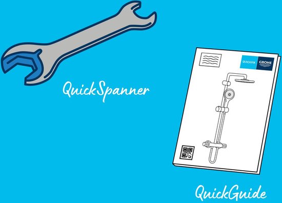 Illustratie van een "QuickSpanner" en een "QuickGuide" handleiding voor Grohe.
