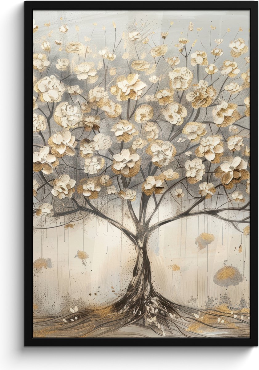 FrameYourWall Poster in lijst - Fotolijst 60x90 cm - Posters - Boom - Beige - Goud - Verflook - Grijs - Posterlijst zwart - Decoratie - Wanddecoratie woonkamer - Muurdecoratie slaapkamer Pastel - Goud