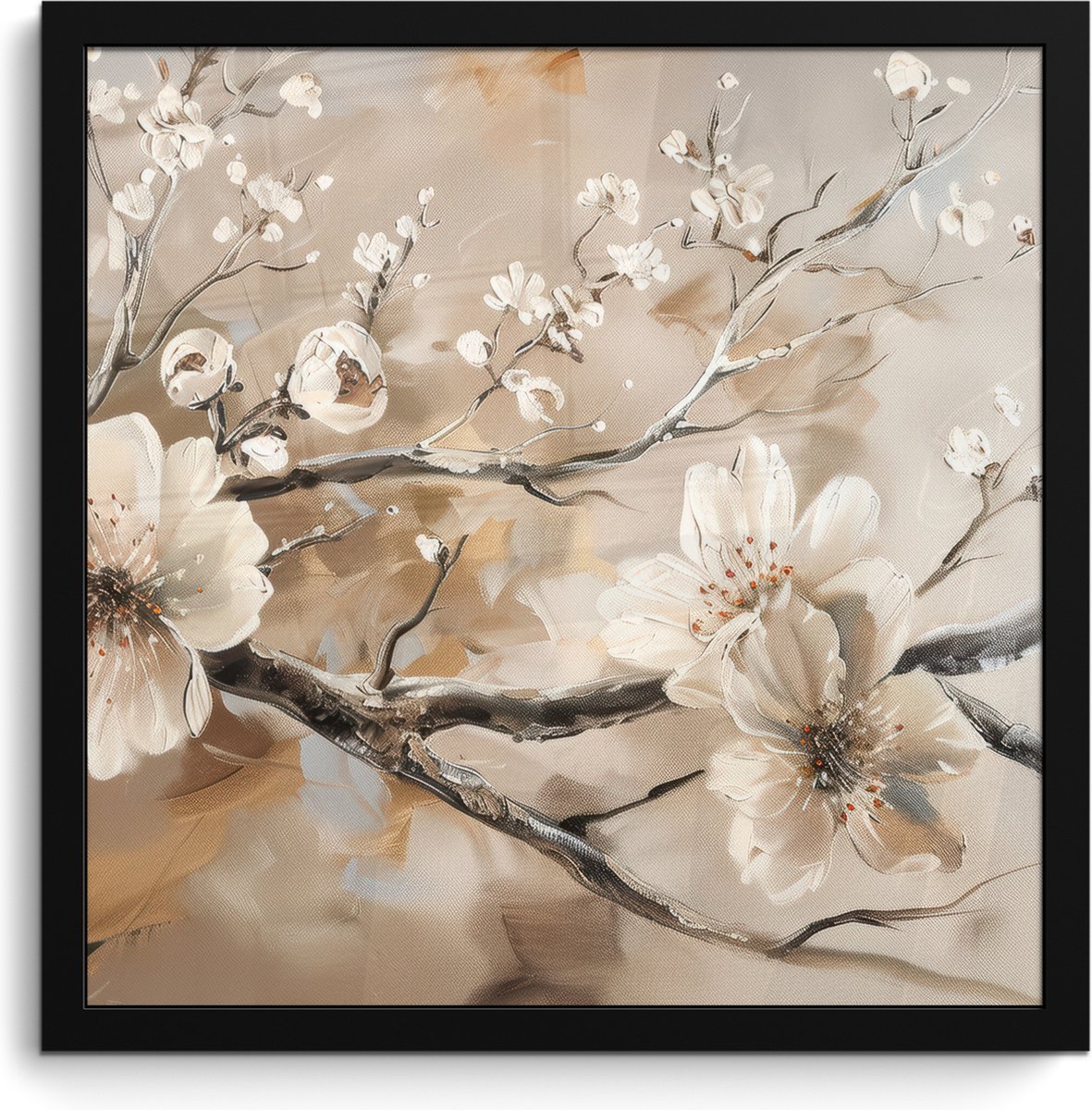 FrameYourWall Poster in lijst - Fotolijst 40x40 cm - Posters - Bloemen - Natuur - Wit - Bloesem - Abstract - Posterlijst zwart - Decoratie - Wanddecoratie woonkamer - Muurdecoratie slaapkamer