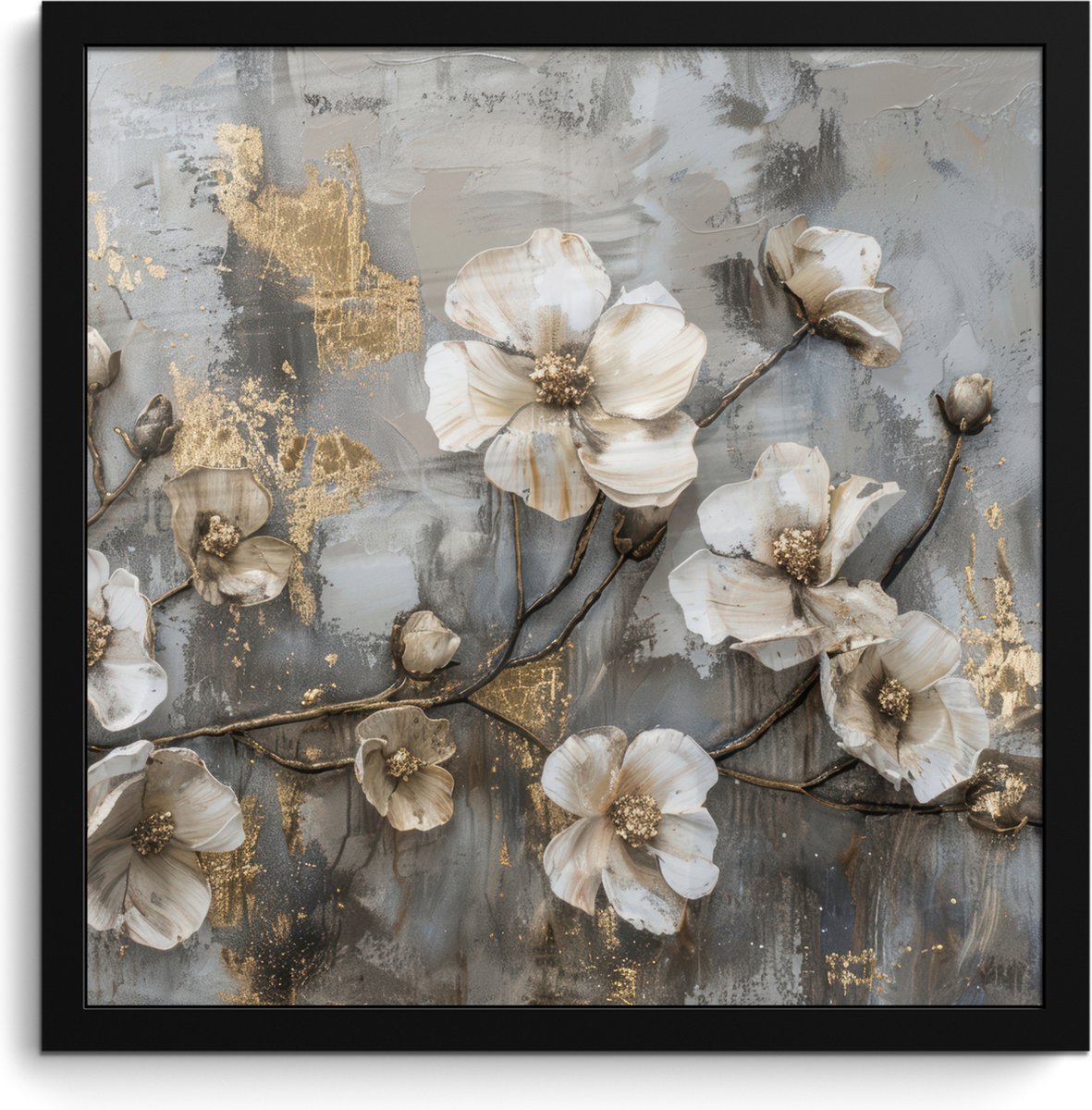 FrameYourWall Poster in lijst - Fotolijst 40x40 cm - Posters - Bloemen - Wit - Grijs - Goud - Luxe - Posterlijst zwart - Decoratie - Wanddecoratie woonkamer - Muurdecoratie slaapkamer