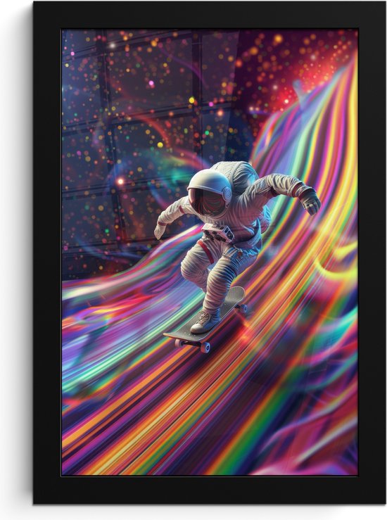 Poster in lijst - Fotolijst 20x30 cm - Posters - Astronaut - Ruimte - Skateboard - Kleurrijk - Posterlijst zwart - Wanddecoratie tienerkamer - Kamer decoratie voor tieners - Tiener jeugdkamer accessoires