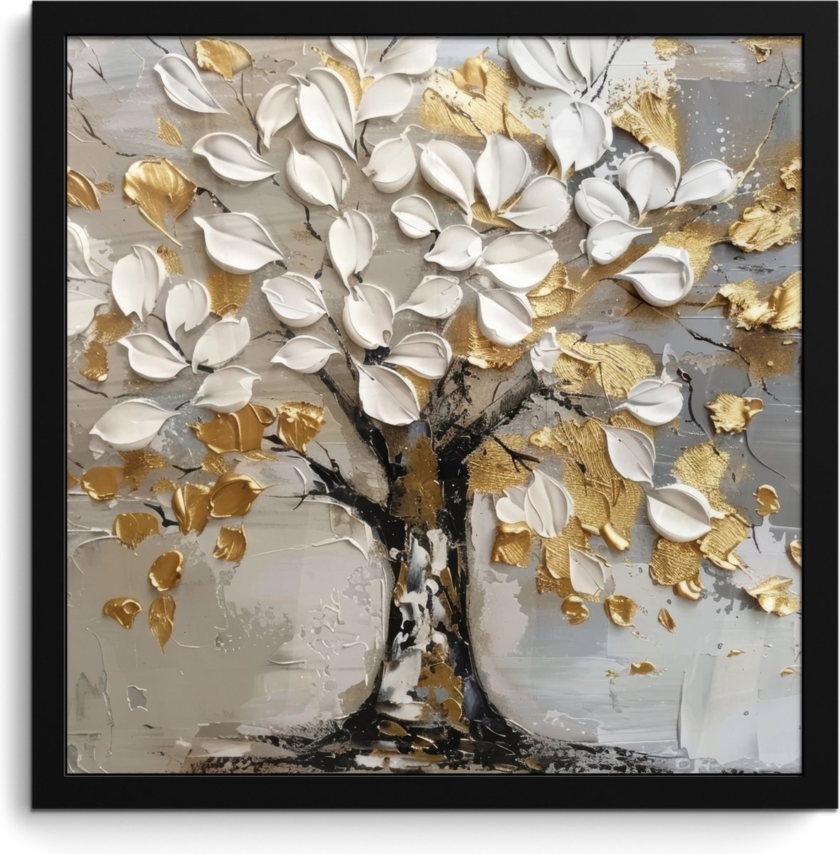 FrameYourWall Poster in lijst - Fotolijst 40x40 cm - Posters - Boom - Beige - Grijs - Goud - Abstract - Posterlijst zwart - Decoratie - Wanddecoratie woonkamer - Muurdecoratie slaapkamer Wit - Goud