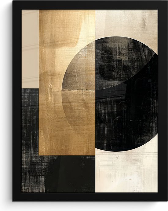 Zwart ingelijste poster met abstracte gouden, zwarte en crème vlakken en cirkelvormen.