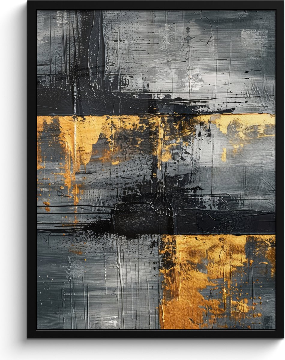 FrameYourWall Poster in lijst - Fotolijst 60x80 cm - Posters - Modern - Goud - Grijs - Patroon - Posterlijst zwart - Decoratie - Wanddecoratie woonkamer - Muurdecoratie slaapkamer