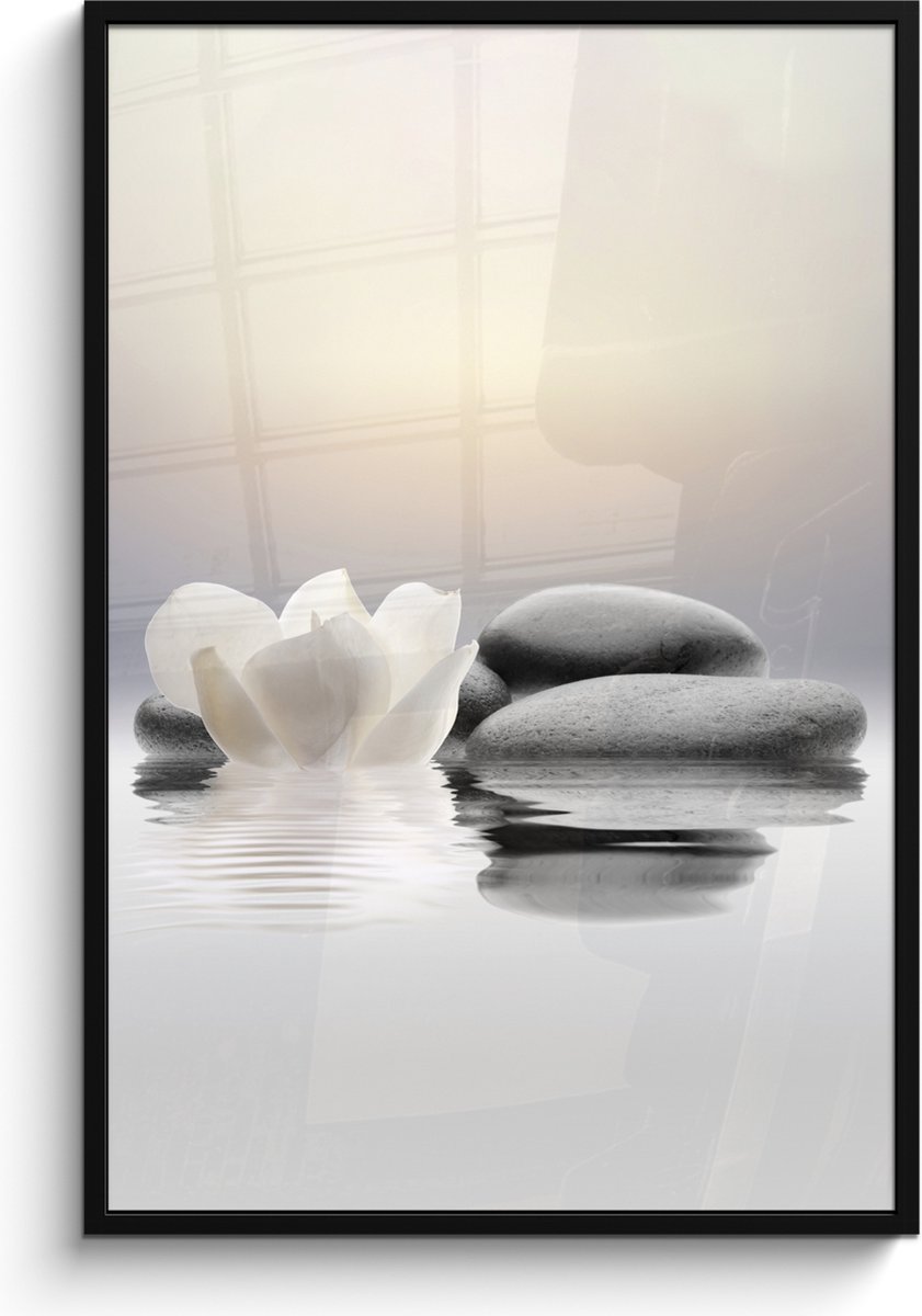 FrameYourWall Poster in lijst - Fotolijst 80x120 cm - Posters - Stenen - Lotus - Wit - Water - Zen - Posterlijst zwart - Wanddecoratie badkamer - Muurdecoratie WC - Decoratieve accessoires - Toilet muur decoratie Stenen - Bloem
