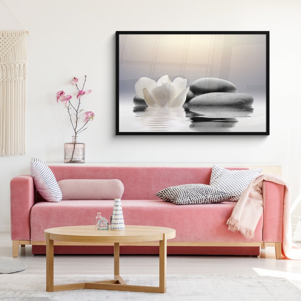 FrameYourWall Poster in lijst - Fotolijst 120x80 cm - Posters - Stenen - Lotus - Wit - Water - Zen - Posterlijst zwart - Wanddecoratie badkamer - Muurdecoratie WC - Decoratieve accessoires - Toilet muur decoratie Stenen - Bloem