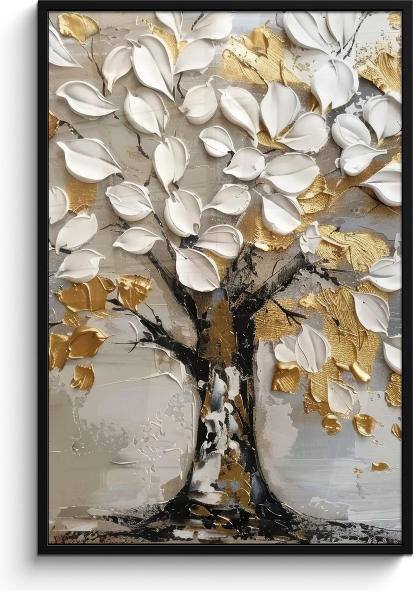 FrameYourWall Poster in lijst - Fotolijst 80x120 cm - Posters - Boom - Beige - Grijs - Goud - Abstract - Posterlijst zwart - Decoratie - Wanddecoratie woonkamer - Muurdecoratie slaapkamer Wit - Goud