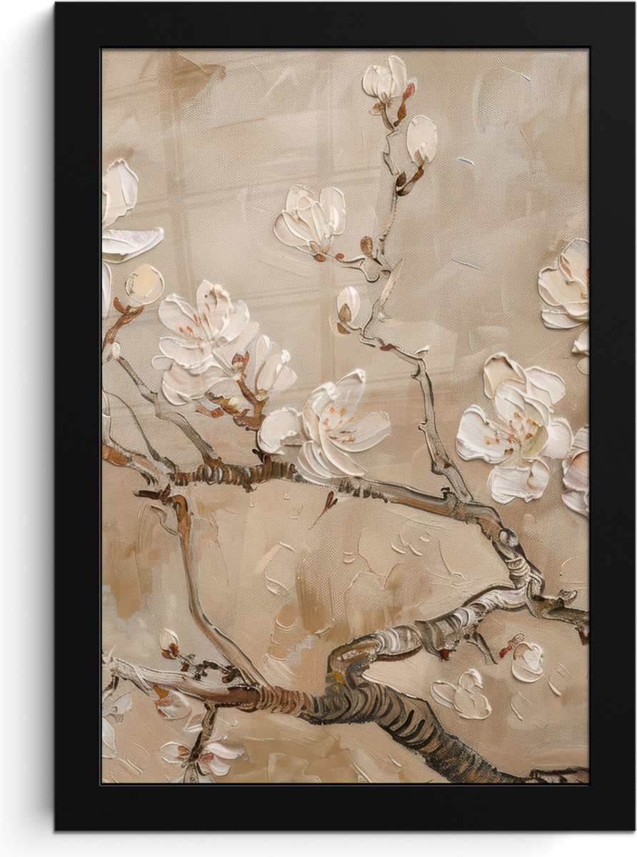 FrameYourWall Poster in lijst - Fotolijst 20x30 cm - Posters - Bloemen - Modern - Beige - Wit - Bloesem - Posterlijst zwart - Decoratie - Wanddecoratie woonkamer - Muurdecoratie slaapkamer