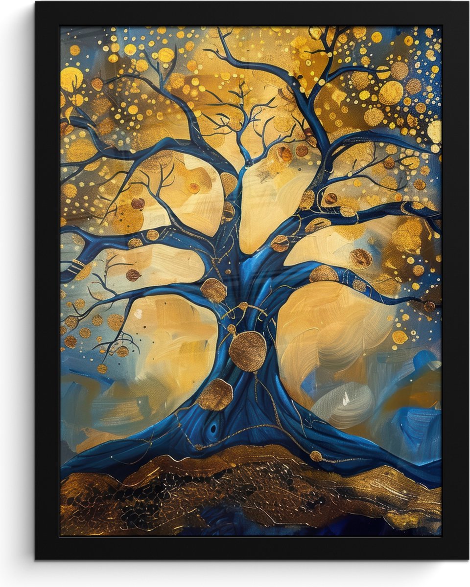 FrameYourWall Poster in lijst - Fotolijst 30x40 cm - Posters - Boom - Levensboom - Blauw - Goud - Posterlijst zwart - Decoratie - Wanddecoratie woonkamer - Muurdecoratie slaapkamer Goud - Blauw