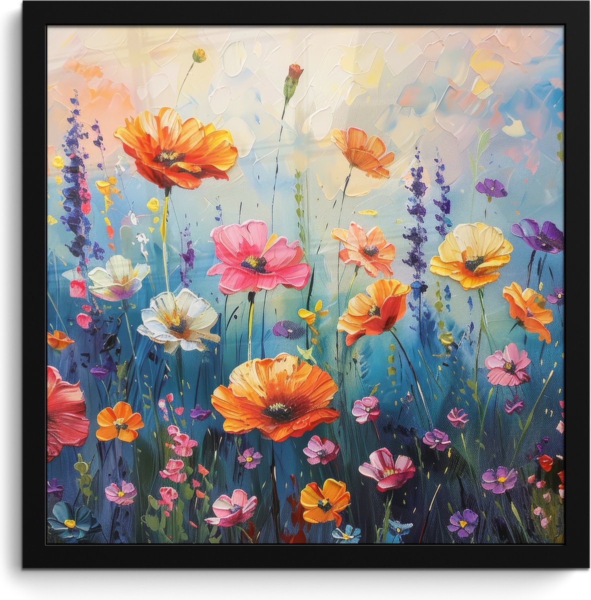 FrameYourWall Poster in lijst - Fotolijst 40x40 cm - Posters - Bloemen - Natuur - Waterverf - Kunst - Posterlijst zwart - Decoratie - Wanddecoratie woonkamer - Muurdecoratie slaapkamer Weidebloemen