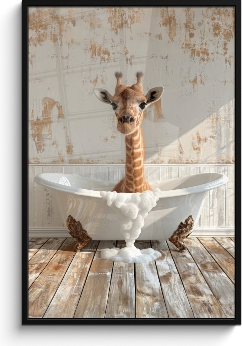 FrameYourWall Poster in lijst - Fotolijst 80x120 cm - Posters - Giraf - Badkuip - Vintage - Dieren - Posterlijst zwart - Wanddecoratie badkamer - Muurdecoratie WC - Decoratieve accessoires - Toilet muur decoratie