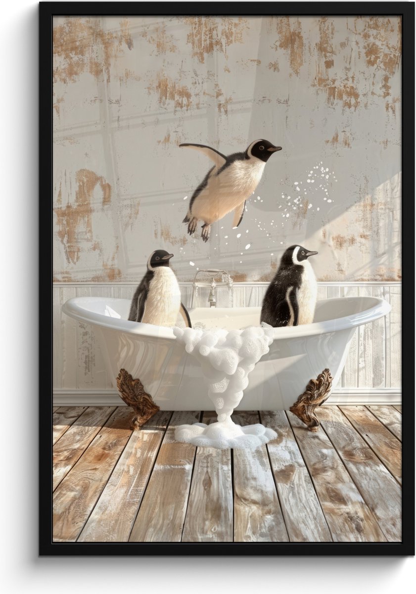 FrameYourWall Poster in lijst - Fotolijst 60x90 cm - Posters - Vintage - Pinguïn - Badkuip - Schuim - Posterlijst zwart - Wanddecoratie badkamer - Muurdecoratie WC - Decoratieve accessoires - Toilet muur decoratie Pinguïns - Badkuip