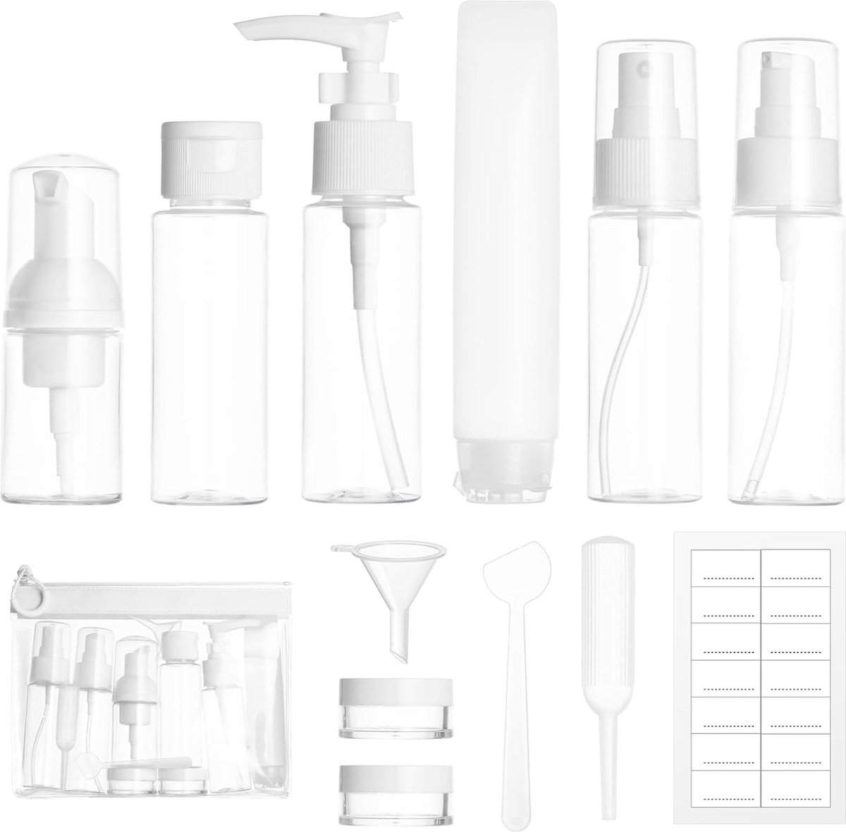 12 stuks reisflessen transparante spuitfles 30 50 ml kleine crèmeblikjes schuimdispenser pompdispenser shampoo reisaccessoires reisflesjes handbagage