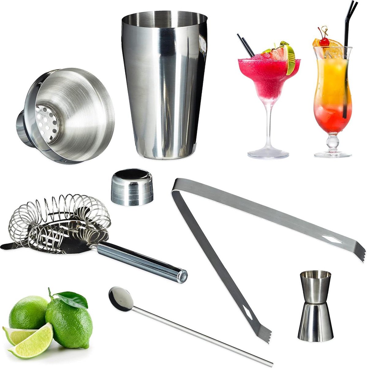 Cocktailset 5-delig barset met shaker en rvs barmixer - cocktailshaker set zilver