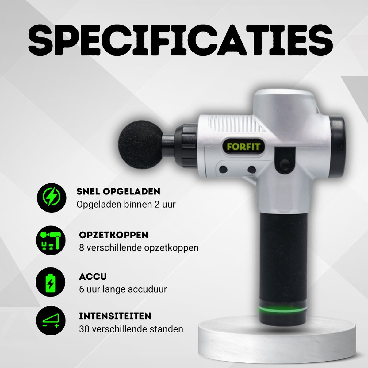 Afbeelding 2 van VAKANTIEDEAL- FORFIT Massage Gun - Metallic Silver – 30 Standen en 6 Opzetstukken – Draadloos en stil – Professioneel Massage apparaat- Massage Pistool