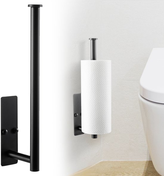 Zwarte, hangende toiletrolhouder met een rechthoekige muurplaat.