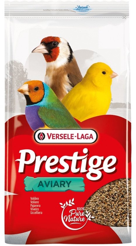 Versele-Laga Prestige Aviary voerzak met een goudvink, gouldamadine en kanarie.
