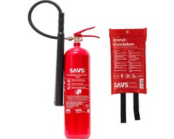 SAVS Brandblus box - CO2 middel - Brandblusser CO2 5 kg & Blusdeken 120 x 180 cm - Blusrating 89B - Met montagebeugel & ophangoog - CO2 blusser en Branddeken voor o.a. thuis en bedrijf