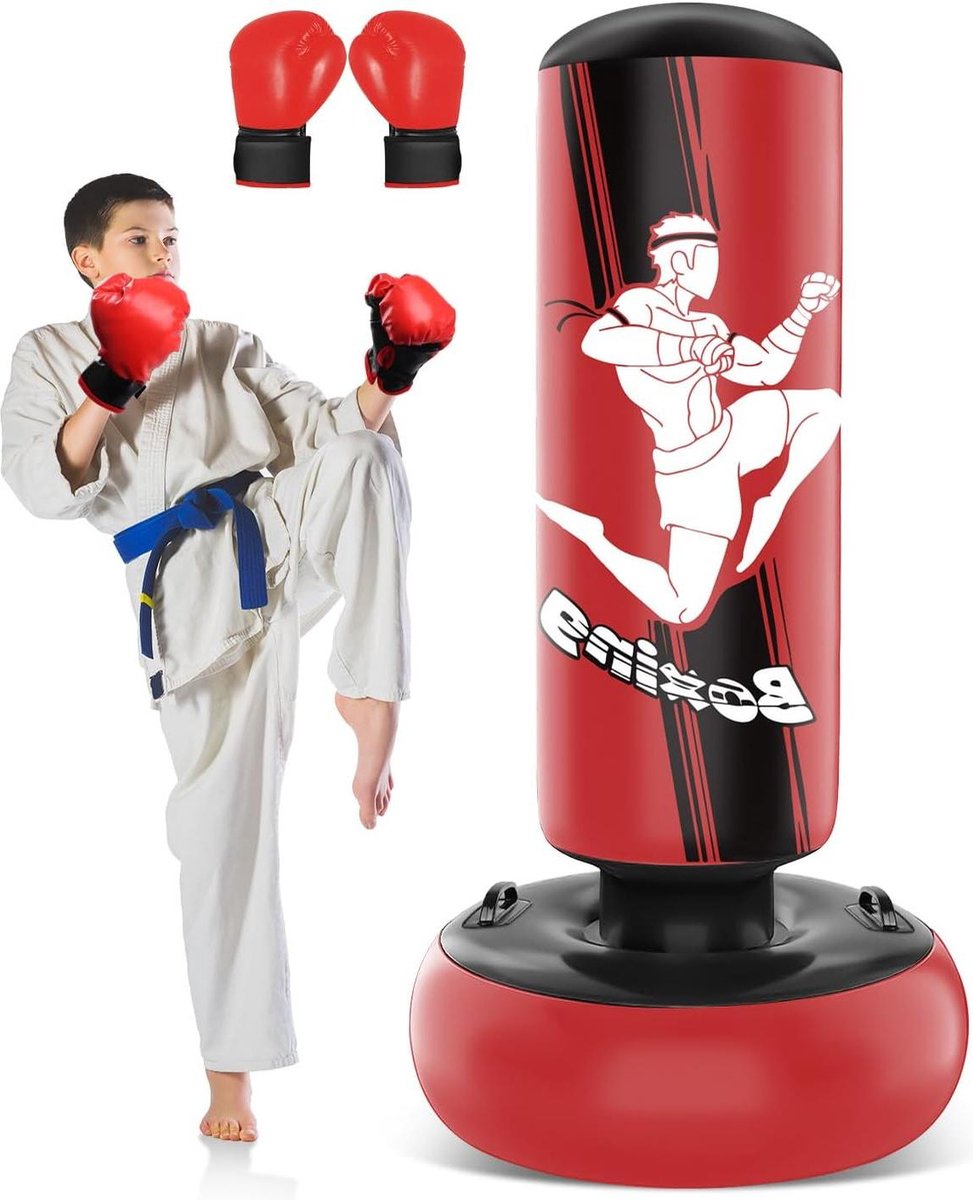 Staande Bokszak Voor Kinderen 160 Cm - Opblaasbaar Met Luchtpomp - Voor Karate En Taekwondo