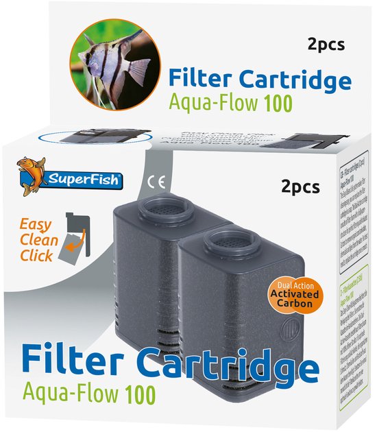 Twee donkergrijze filtercartridges voor Aqua-Flow 100, met 'Easy Clean Click' aanduiding.